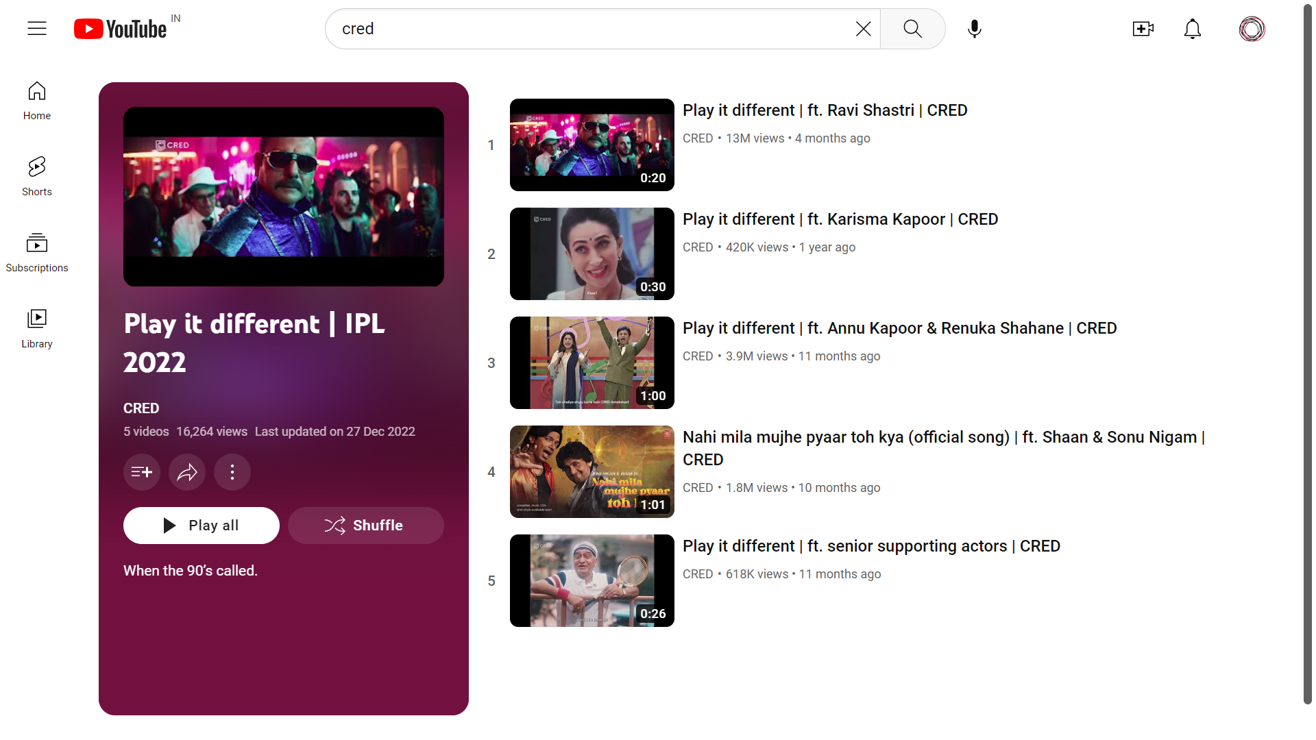 CRED IPL ads YouTube playlist screenshot