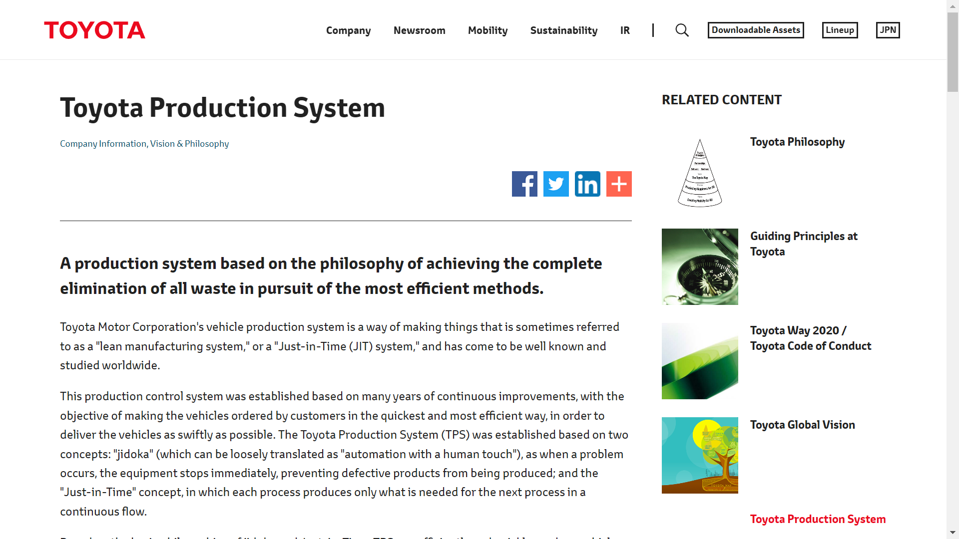 Screenshot of Toyota's production system philosophy page