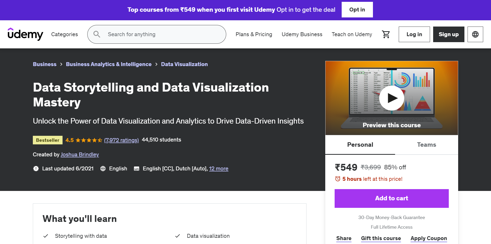 Udemy's Data storytelling and Visualization 2022 course by Joshua Brindley screenshot